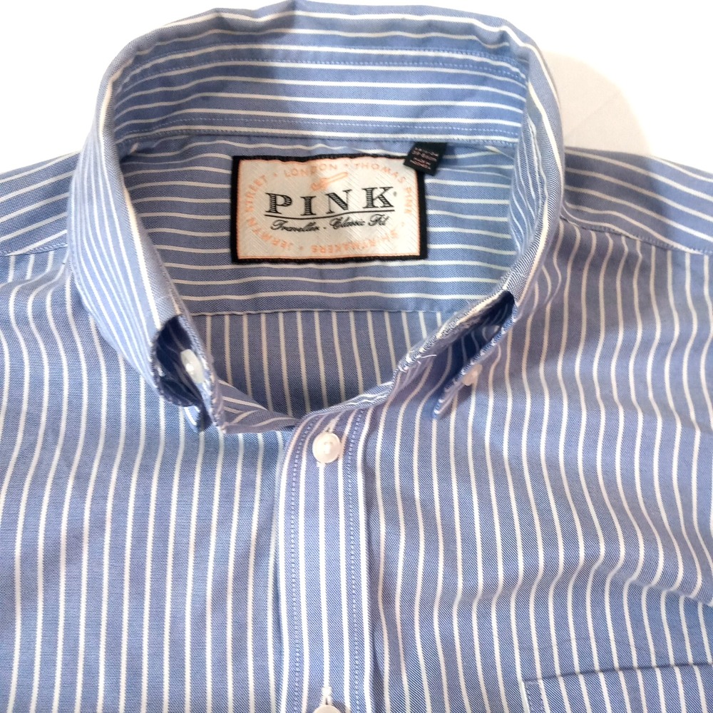 Thomas Pink Dress Shirt Mens 15.5 34 Blue Striped Slim Fit Traveler Button Up
